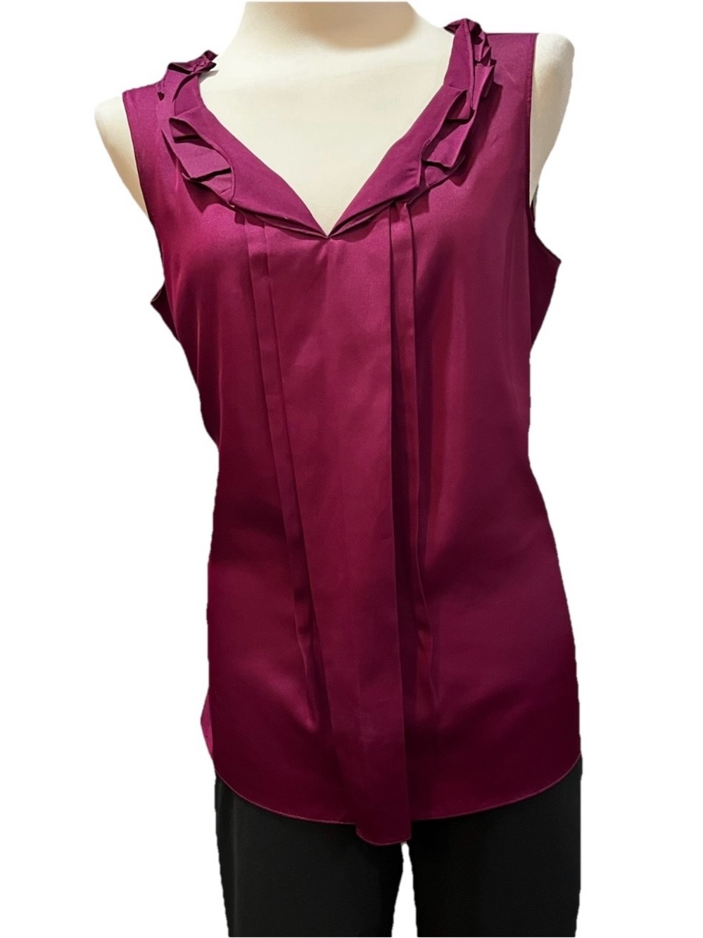 Tahari Plum Ruffled Satin V-Neck Sleeveless Camisole